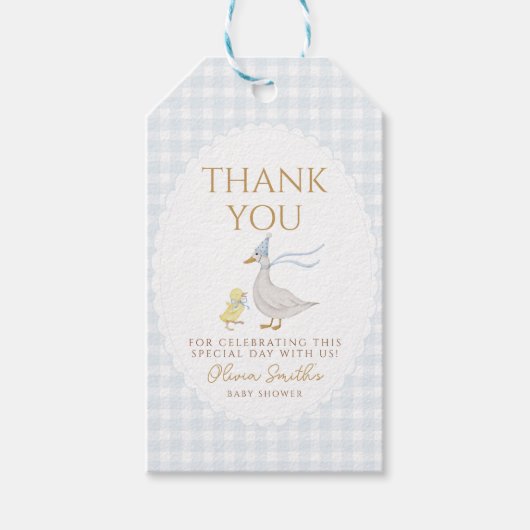 Gekke Goose Gingham Duck Dank u baby shower Cadeaulabel (Voorkant)