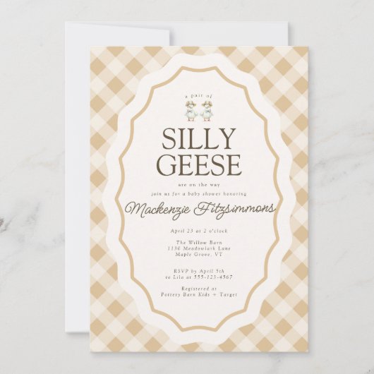 Gekke Goose Gingham Twin Baby shower Uitnodiging (Voorkant)