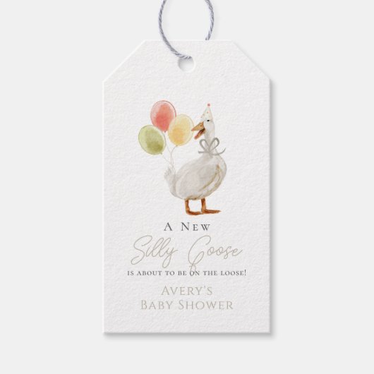 Gekke Goose Greige Gingham Baby shower Cadeaulabel (Voorkant)