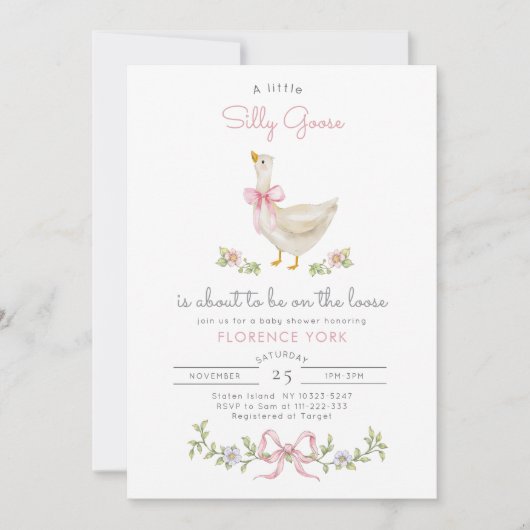 Gekke Goose grillige Pink Bow Baby meisje douche Kaart (Voorkant)