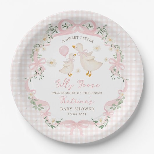 Gekke Goose Pink Bow Gingham Girl Baby shower Papieren Bordje (Voorkant)