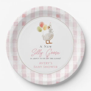Gekke Goose Pink Gingham Baby shower Papieren Bordje