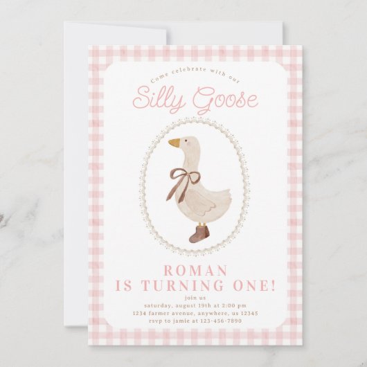 Gekke Goose Pink Gingham en Bow Girl Verjaardag Kaart (Voorkant)