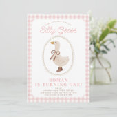Gekke Goose Pink Gingham en Bow Girl Verjaardag Kaart (Staand voorkant)