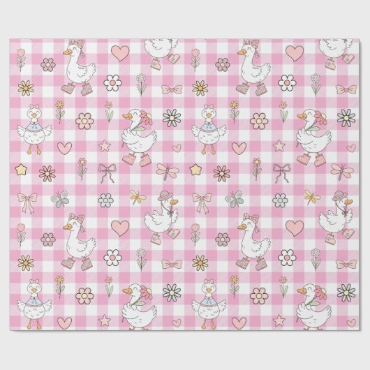 Gekke Goose Pink Gingham Verjaardag Cadeaupapier (Vlak)