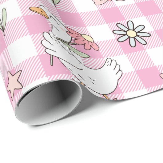 Gekke Goose Pink Gingham Verjaardag Cadeaupapier (Rol Hoek)