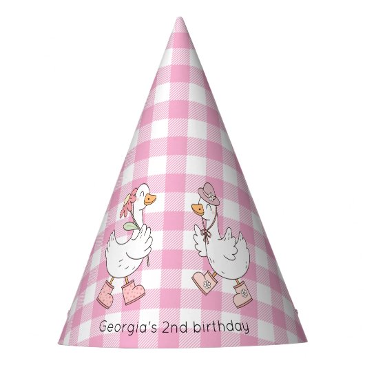 Gekke Goose Pink Gingham Verjaardag Feesthoedjes (Voorkant)