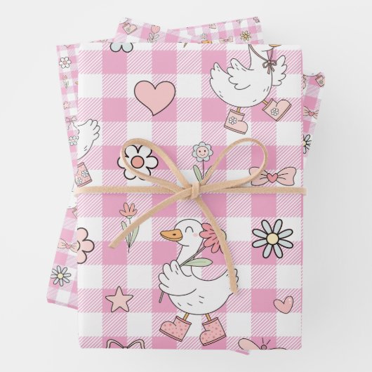 Gekke Goose Pink Gingham Verjaardag Inpakpapier Vel (In situ)
