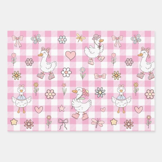 Gekke Goose Pink Gingham Verjaardag Inpakpapier Vel (Voorkant)