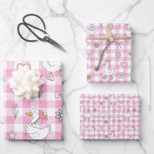 Gekke Goose Pink Gingham Verjaardag Inpakpapier Vel