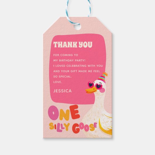 Gekke Goose Pink Kids Verjaardagsfeest Dank u Cadeaulabel (Voorkant)