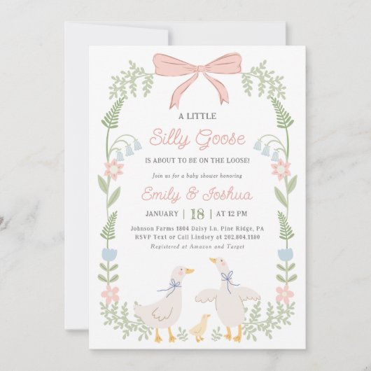 Gekke Goose Roze Bloemen Baby shower Uitnodiging (Voorkant)