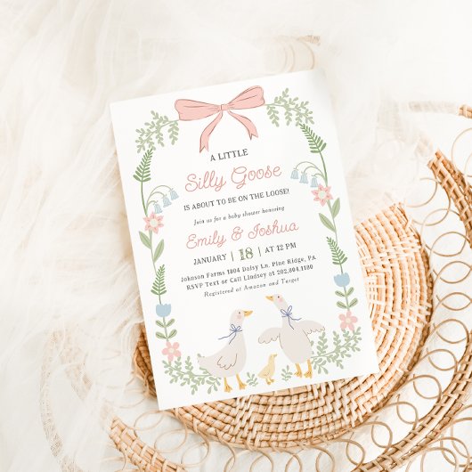Gekke Goose Roze Bloemen Baby shower Uitnodiging