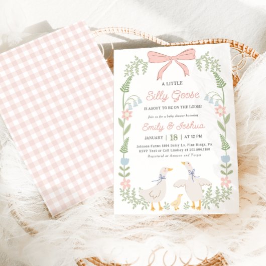 Gekke Goose Roze Bloemen Baby shower Uitnodiging