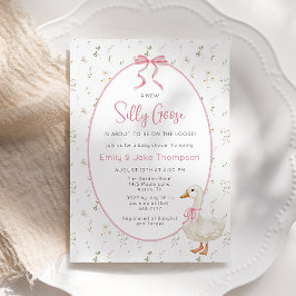 Gekke Goose Roze Bow Bloemen Baby shower Uitnodigi Kaart