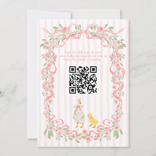 Gekke Goose Roze Bow Floral QR Code Baby shower Kaart (Achterkant)