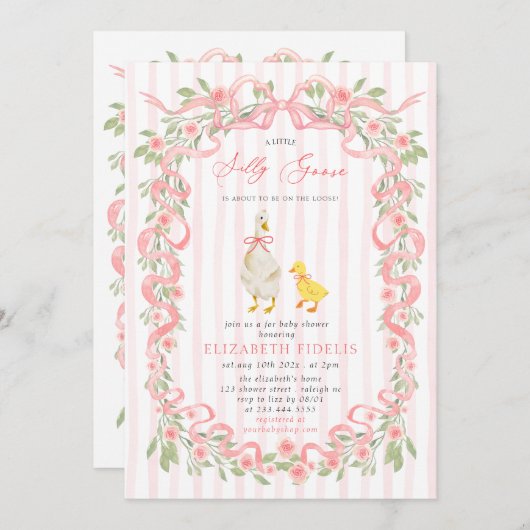 Gekke Goose Roze Bow Floral QR Code Baby shower Kaart (Voorkant / Achterkant)