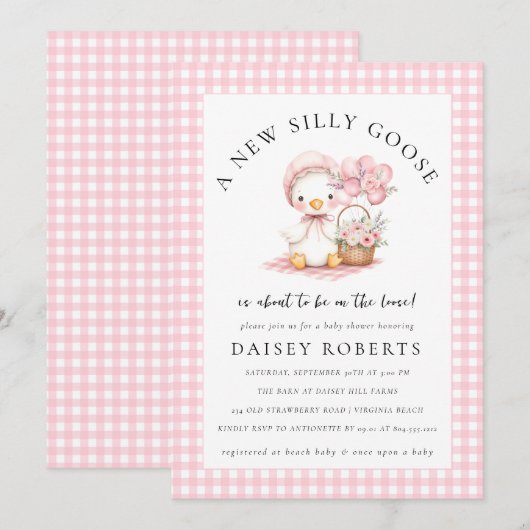 Gekke Goose Waterverf Meisje Baby shower Uitnodigi Kaart (Voorkant / Achterkant)