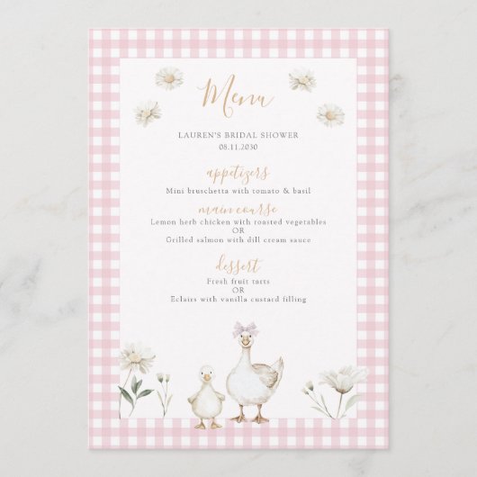 Gekke Goose Whimsical Pink Bow Baby Girl Shower Menu (Voorkant)