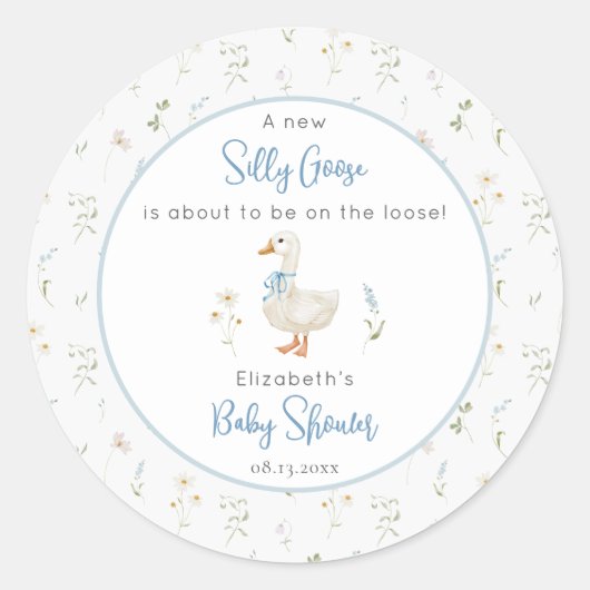 Gekke Goose Wildflower Blue Bow Baby shower Ronde Sticker (Voorkant)