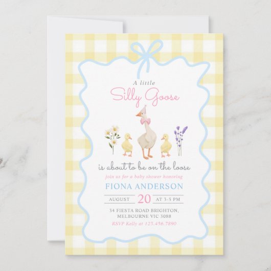 Gekke Goose Yellow Gingham Bow Duck Baby shower Kaart (Voorkant)