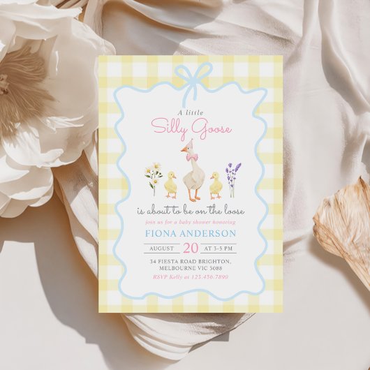 Gekke Goose Yellow Gingham Bow Duck Baby shower Kaart
