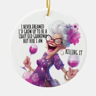GEKKE GRAPPIGE OUDE DAME MET WIJN KERAMISCH ORNAMENT