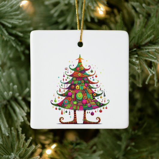 Gekke grillige kerstboom, heldere kleuren keramisch ornament (Boom)