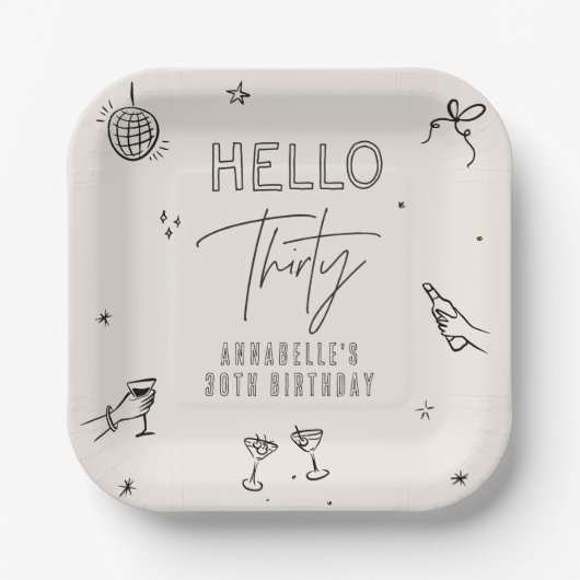 Gekke Hand Getrokken 30ste Verjaardag drinken Part Papieren Bordje (Voorkant)