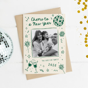 Gekke Handgetekende Krabbels Nieuwjaarsfoto Groen Feestdagenkaart