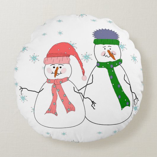 Gekke heer en mevrouw Snowman Sneeuwende Winter Ar Rond Kussen (Voorkant)