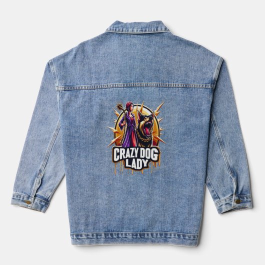 Gekke hond dame met haar felle waakhond denim jacket (Achterkant)