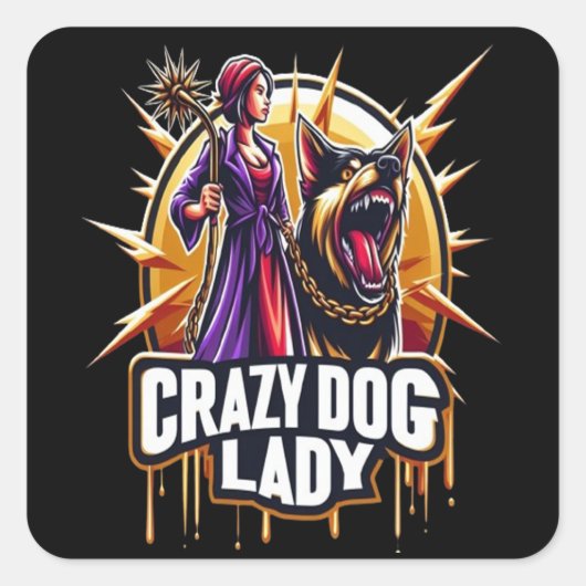 Gekke hond dame met haar felle waakhond vierkante sticker (Voorkant)
