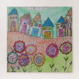 Gekke huizen en bloemen legpuzzel