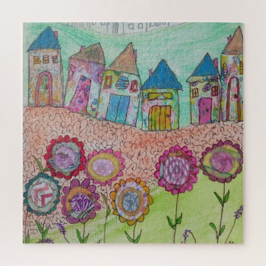 Gekke huizen en bloemen legpuzzel (Verticaal)