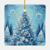 Gekke impressionistische kerstboom blauw keramisch ornament (Achterkant)