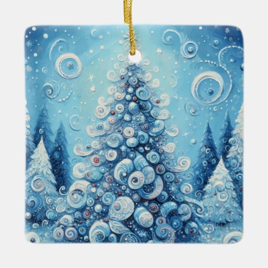 Gekke impressionistische kerstboom blauw keramisch ornament (Voorkant)