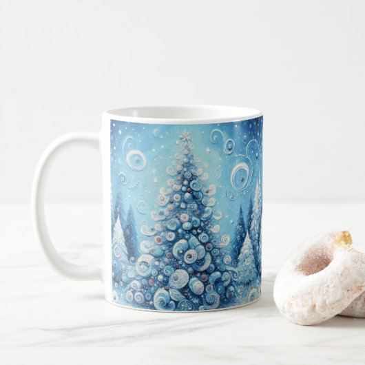 Gekke impressionistische kerstboom blauw koffiemok (Met donut)