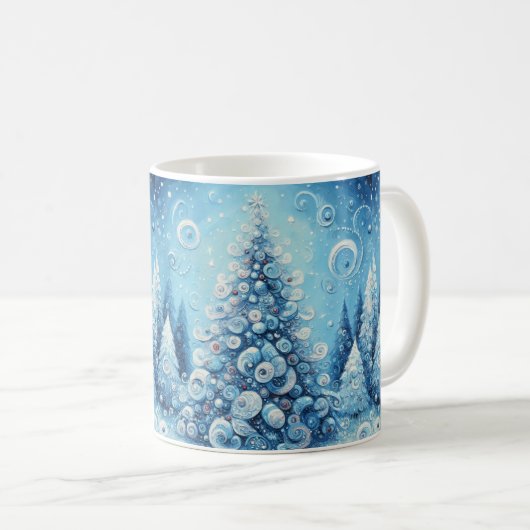 Gekke impressionistische kerstboom blauw koffiemok (Voorkant rechts)