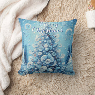 Gekke impressionistische kerstboom blauw kussen