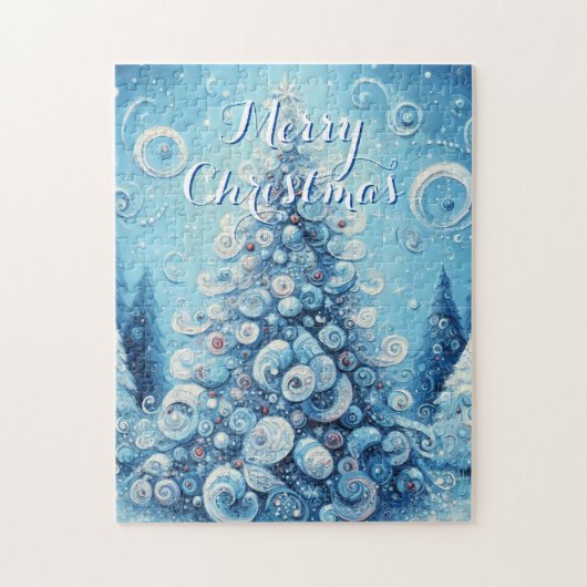 Gekke impressionistische kerstboom blauw legpuzzel (Verticaal)
