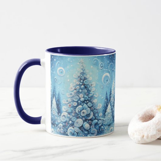 Gekke impressionistische kerstboom blauw mok (Met donut)