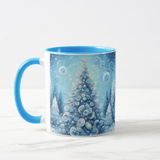 Gekke impressionistische kerstboom blauw mok (Links)