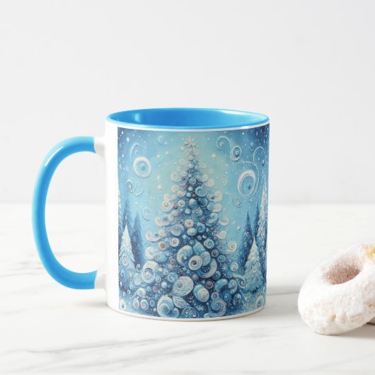 Gekke impressionistische kerstboom blauw mok (Met donut)