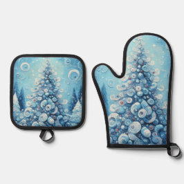 Gekke impressionistische kerstboom blauw ovenwant & pannenlap set