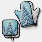 Gekke impressionistische kerstboom blauw ovenwant & pannenlap set (Voorkant / Achterkant)