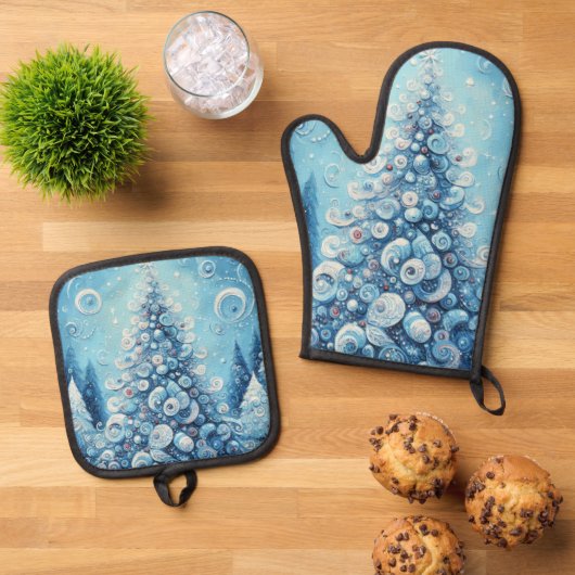 Gekke impressionistische kerstboom blauw ovenwant & pannenlap set (Top down)