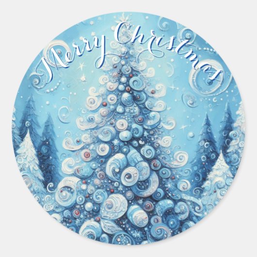 Gekke impressionistische kerstboom blauw ronde sticker (Voorkant)