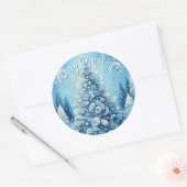 Gekke impressionistische kerstboom blauw ronde sticker (Envelop)