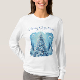 Gekke impressionistische kerstboom blauw t-shirt
